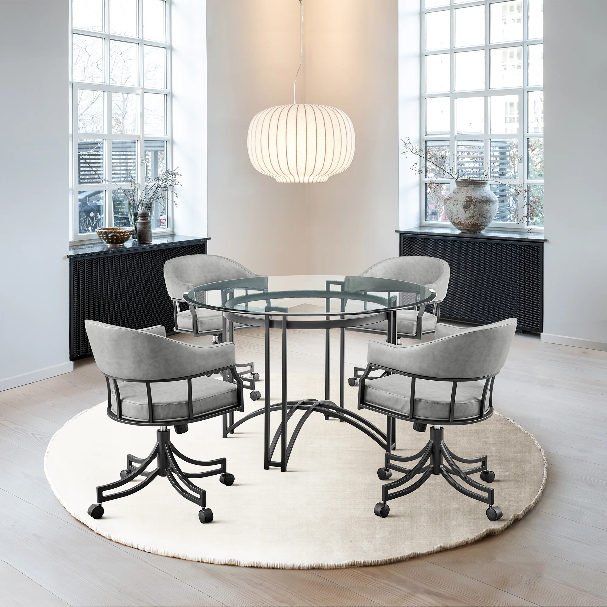 Tibet 5 Piece Dining Set with Round Glass Tabletop and Faux Leather Rolling Chairs By Armen Living