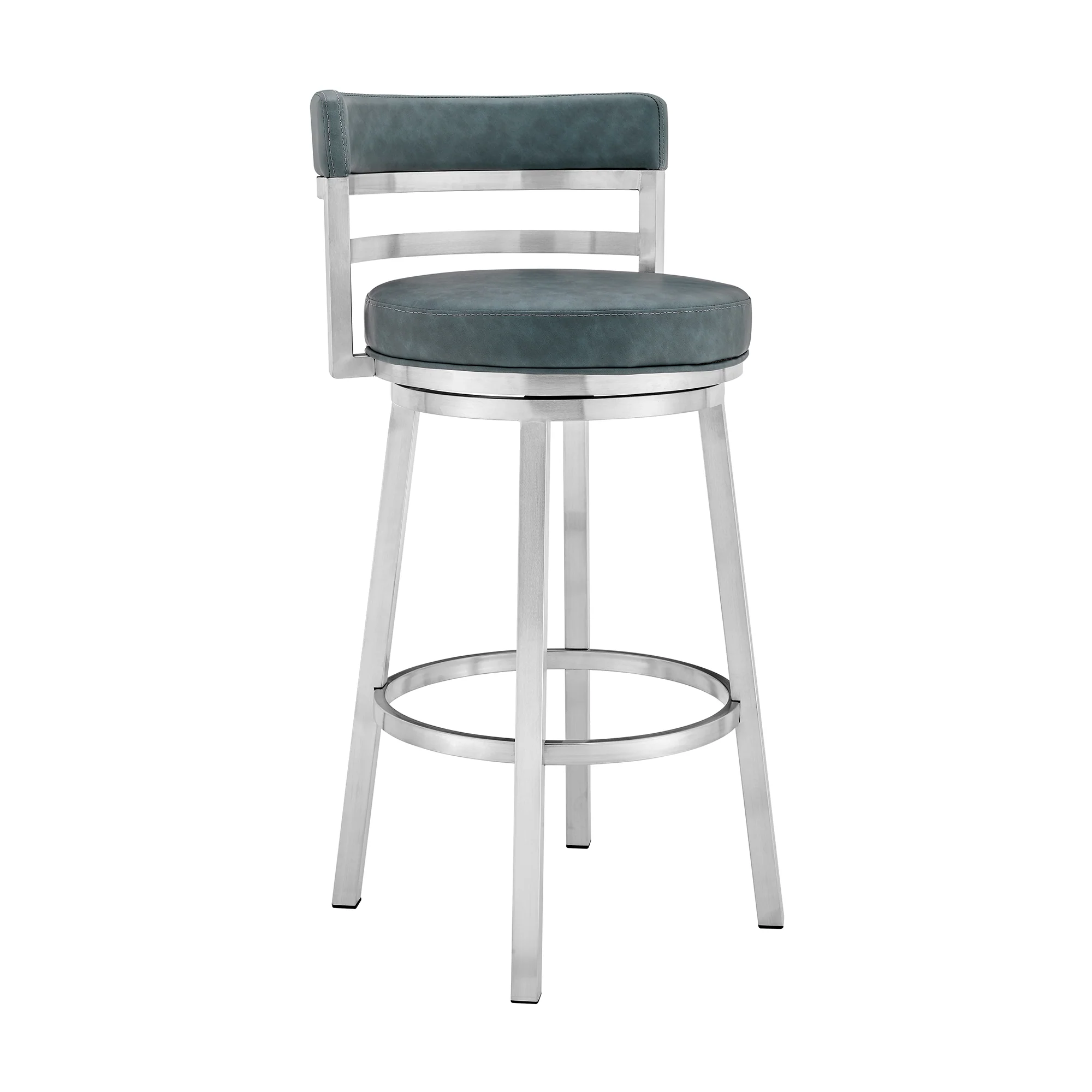 Titana 26" Counter Height Swivel Blue Faux Leather and Brushed Stainless Steel Bar Stool By Armen Living - Image 2