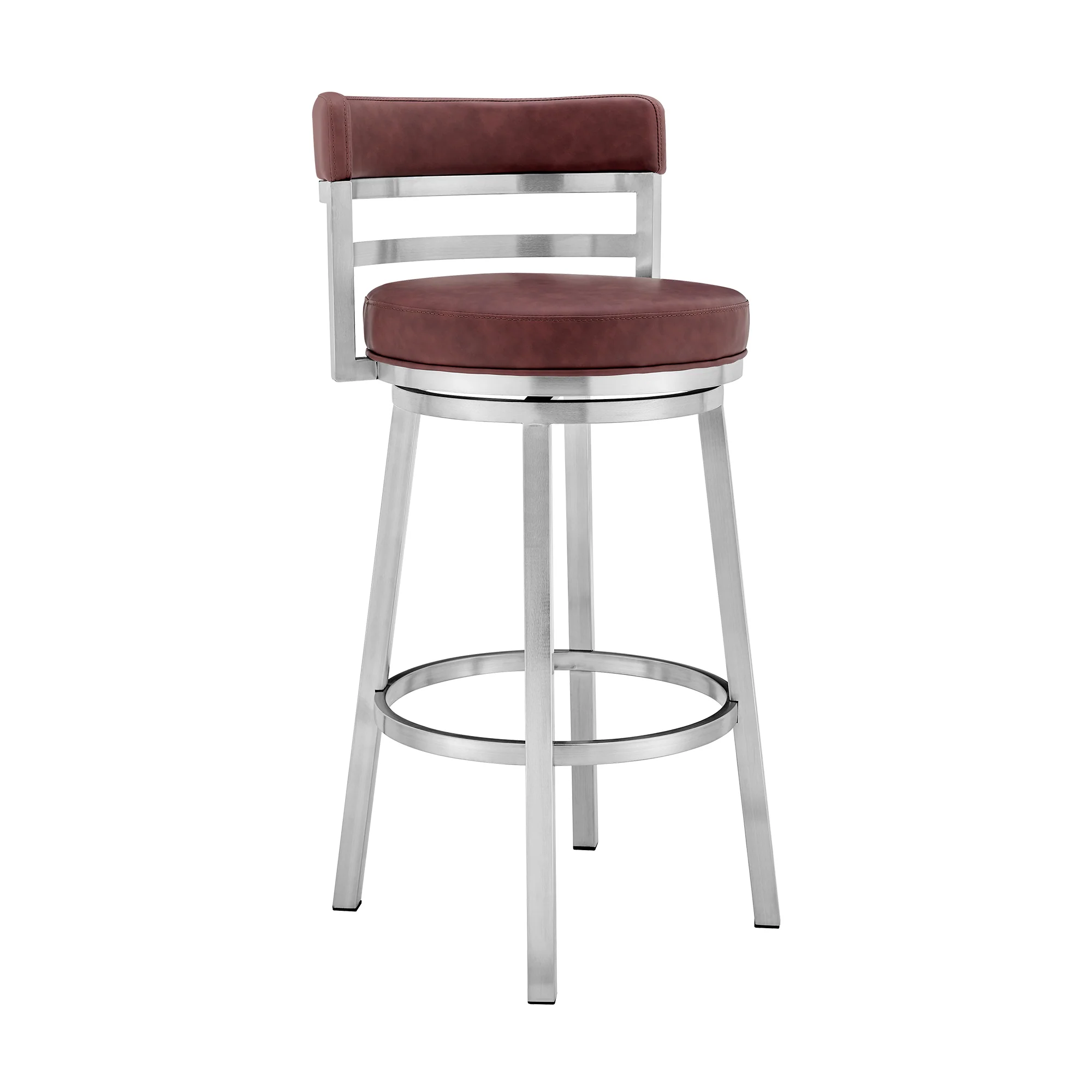 Titana 30" Bar Height Swivel Red Faux Leather and Brushed Stainless Steel Bar Stool By Armen Living - Image 2