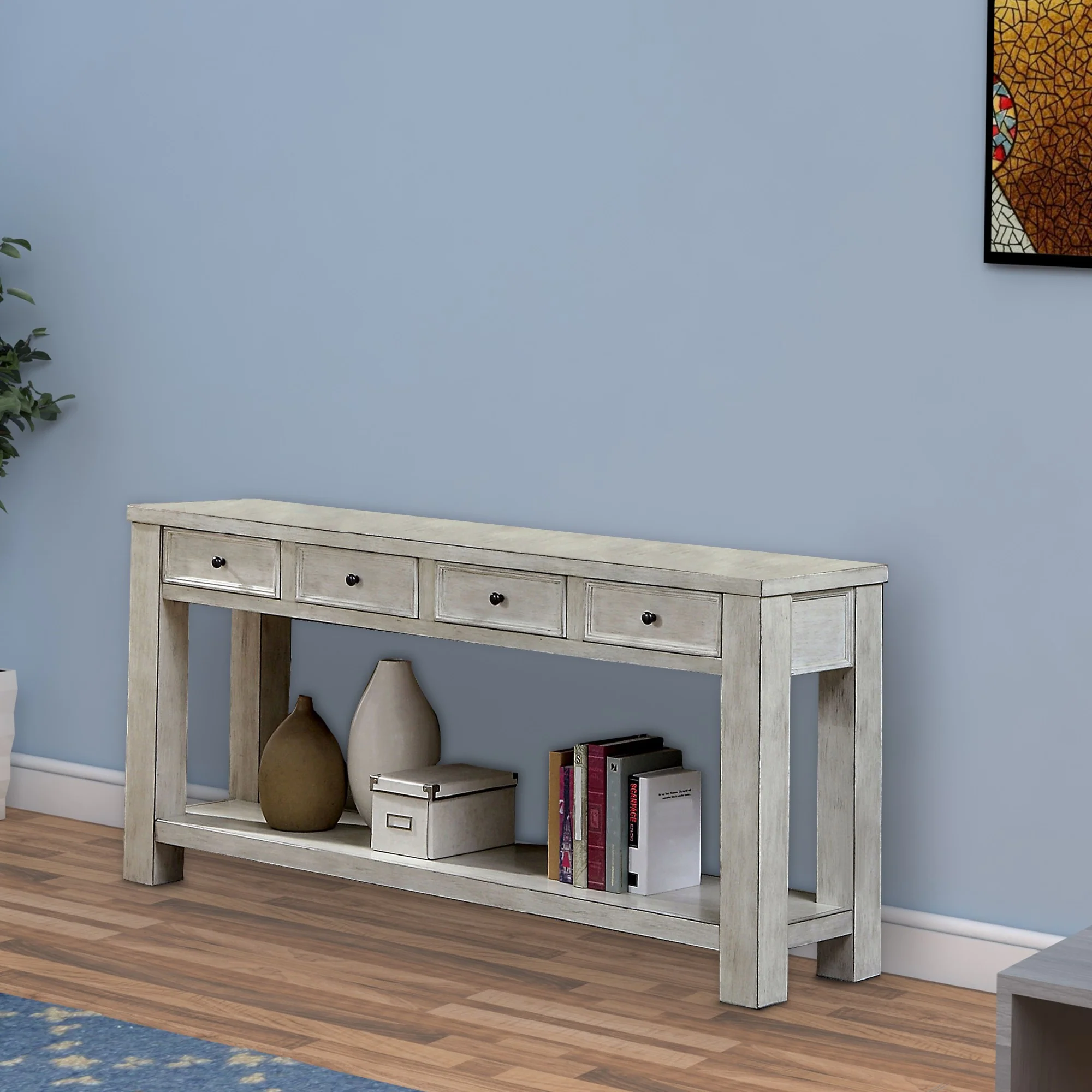 Transitional Wooden Console Table with 4 Drawers and Open Shelf, White By Benzara