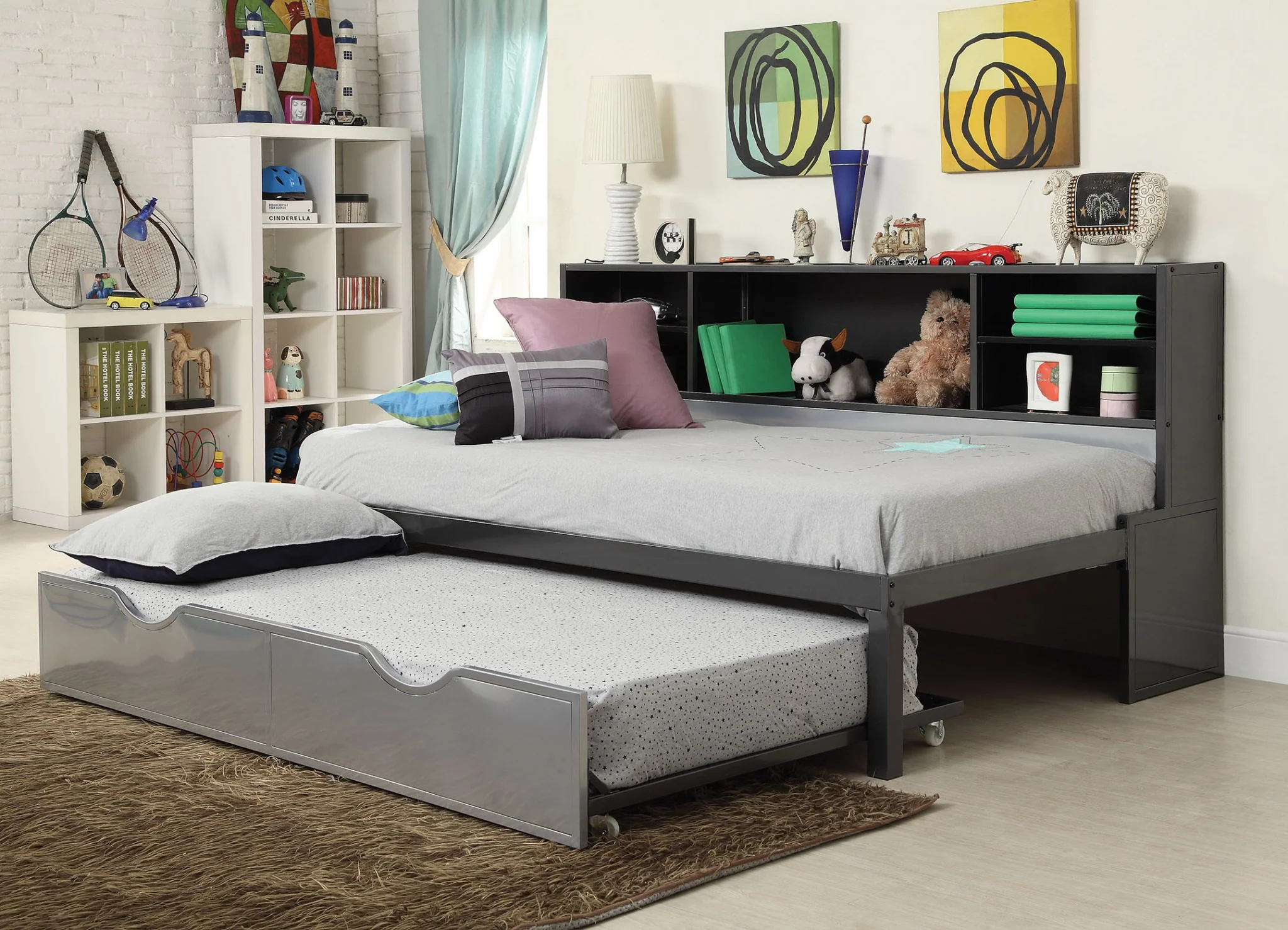 Twin Black And Silver Metal Tube Bed With Bookcase And Trundle By Homeroots
