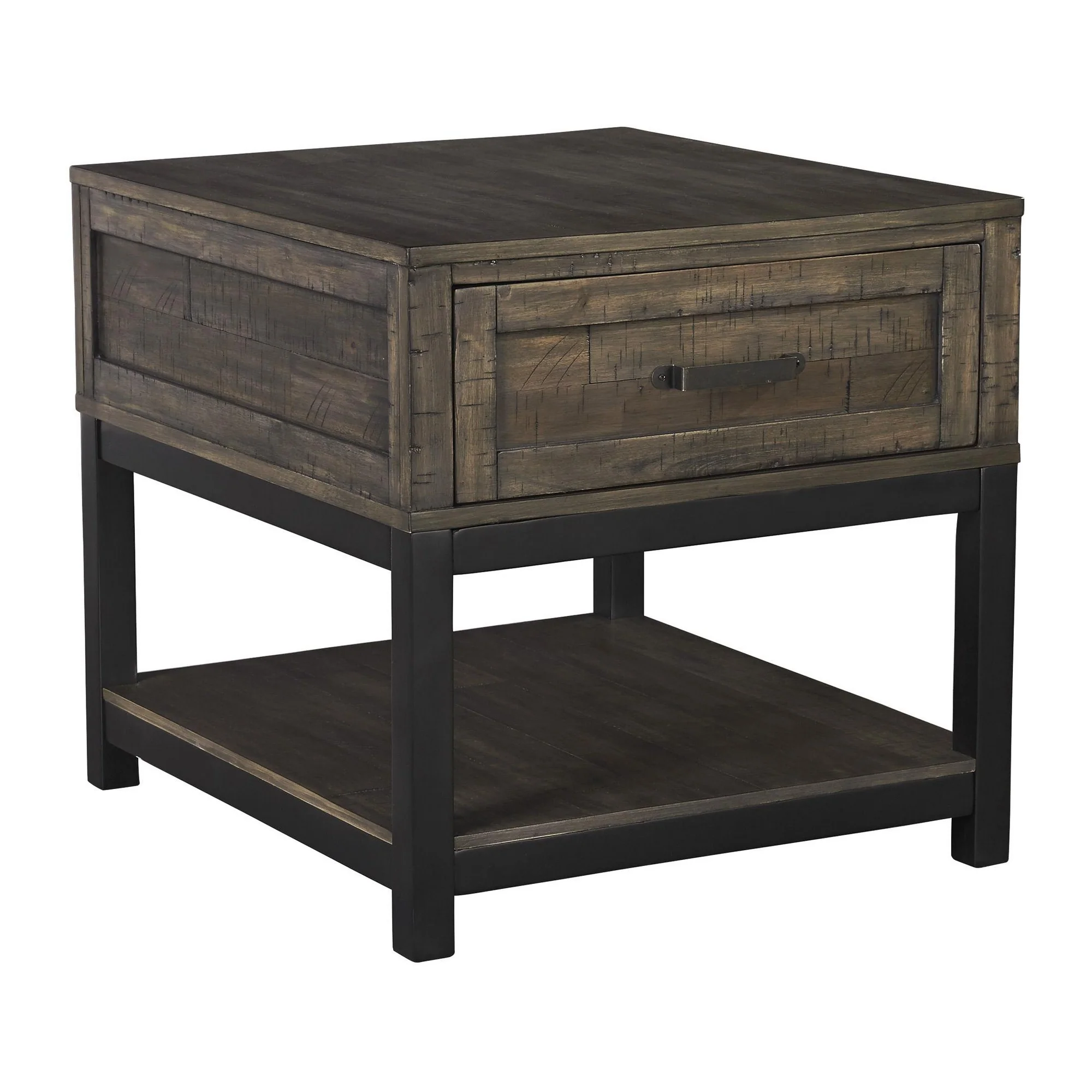 Two Tone Wooden End Table with 1 Drawer and Metal Base, Brown and Black By Benzara