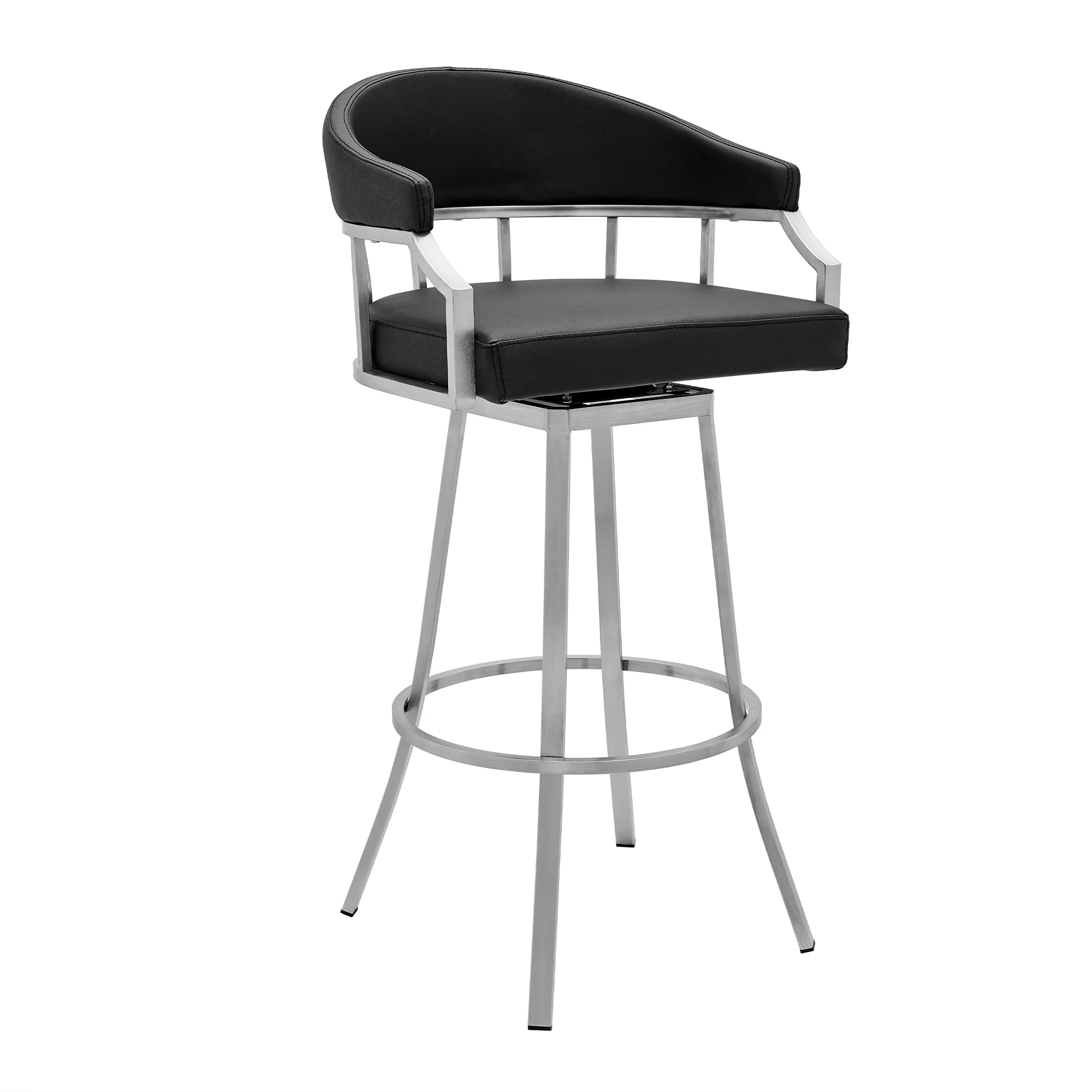 Valerie 26" Counter Height Swivel Modern Balck Faux Leather Bar and Counter Stool in Brushed Stainless Steel Finish By Armen Living - Image 2