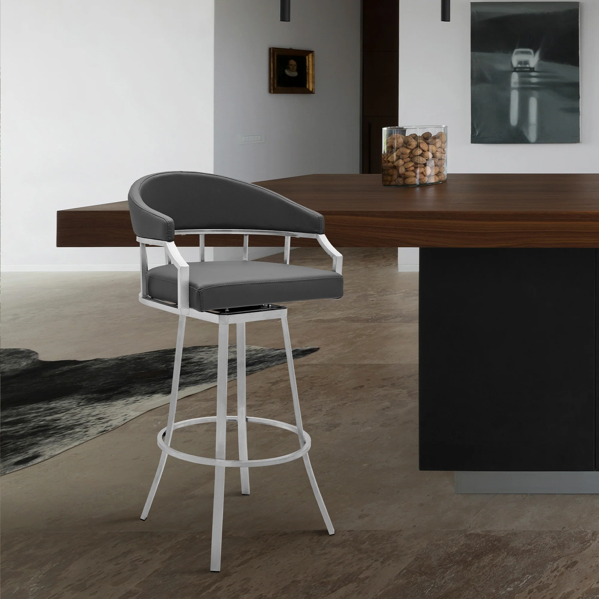 Valerie 26" Counter Height Swivel Modern Faux Leather Bar and Counter Stool in Brushed Stainless Steel Finish By Armen Living