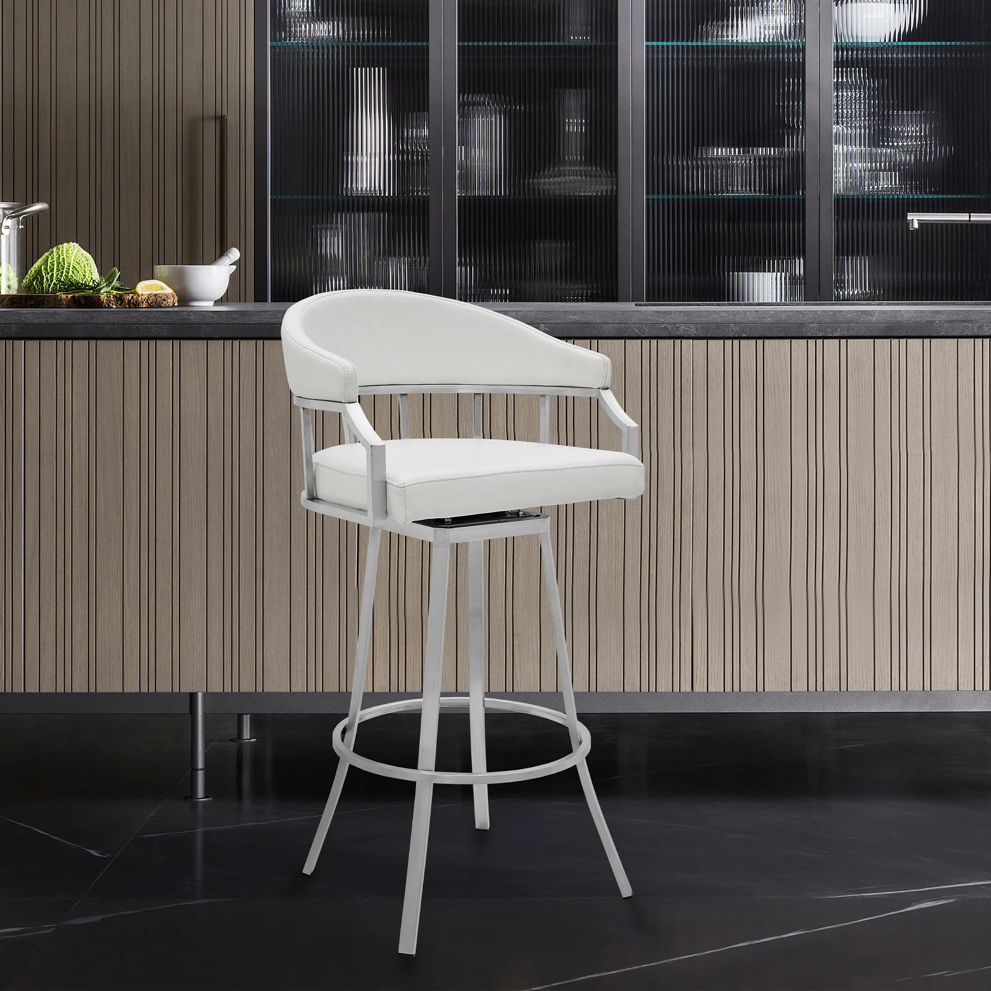 Valerie 26" Counter Height Swivel Modern White Faux Leather Bar and Counter Stool in Brushed Stainless Steel Finish By Armen Living