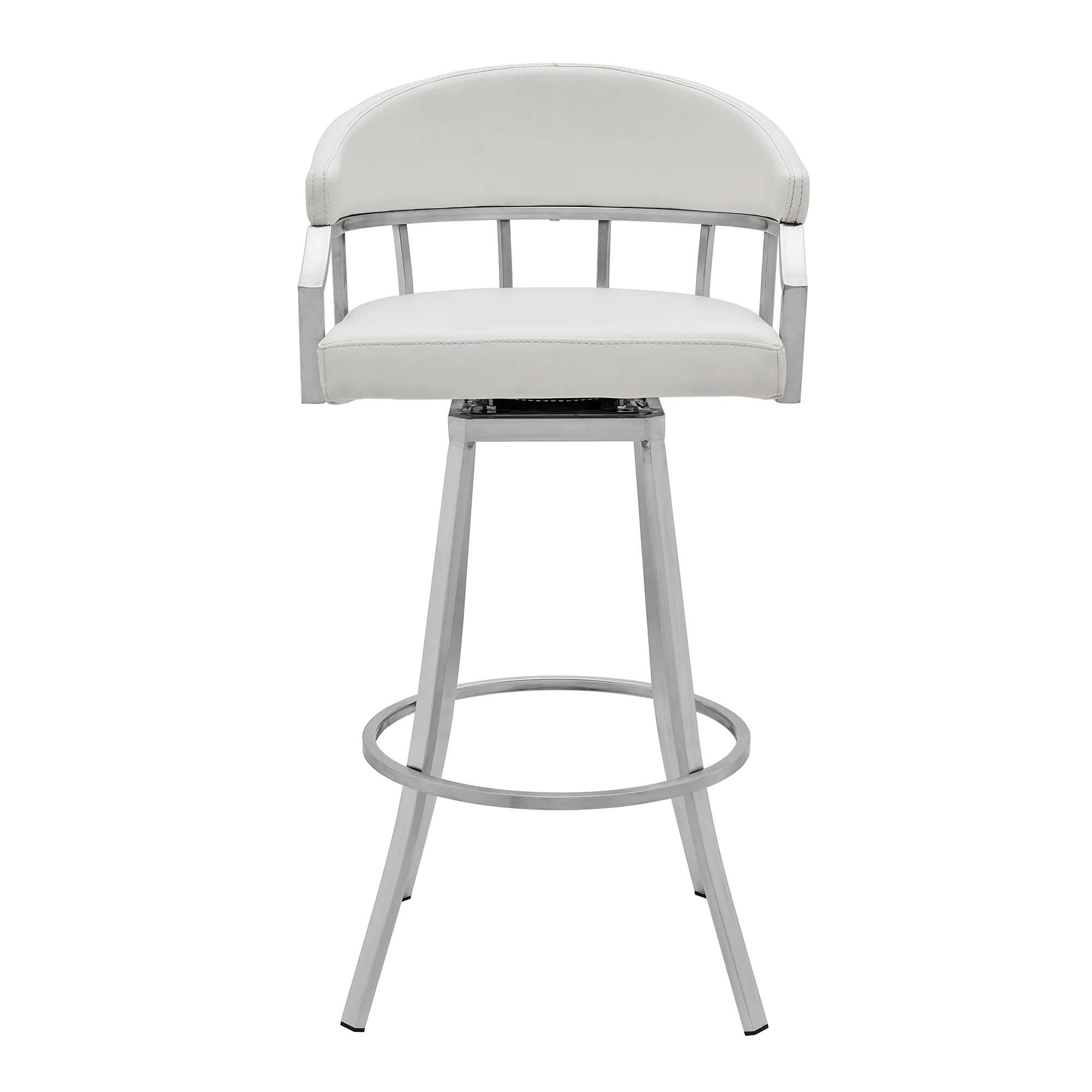 Valerie 26" Counter Height Swivel Modern White Faux Leather Bar and Counter Stool in Brushed Stainless Steel Finish By Armen Living - Image 3