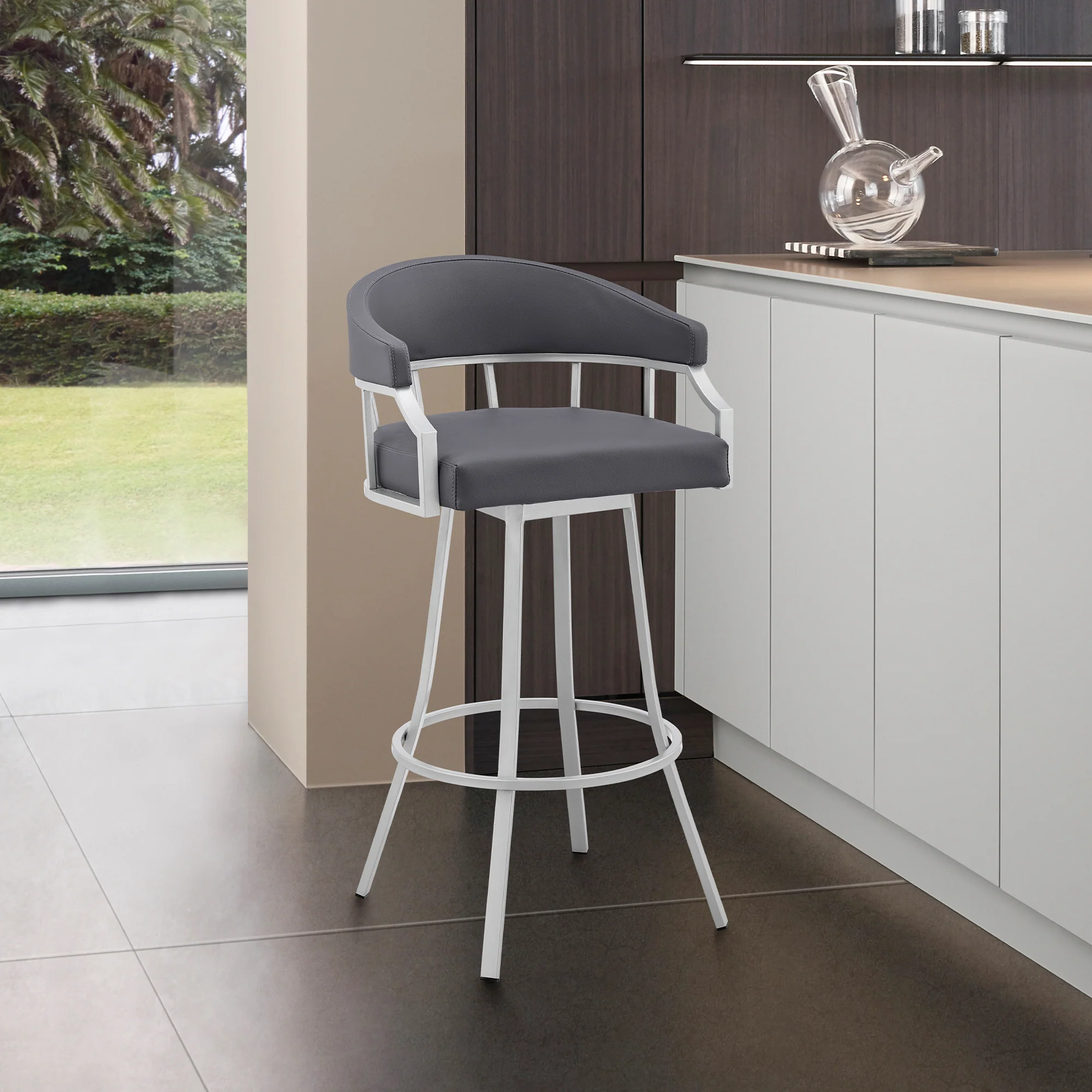 Valerie 26" Swivel Slate Grey Faux Leather and Silver Metal Bar Stool By Armen Living