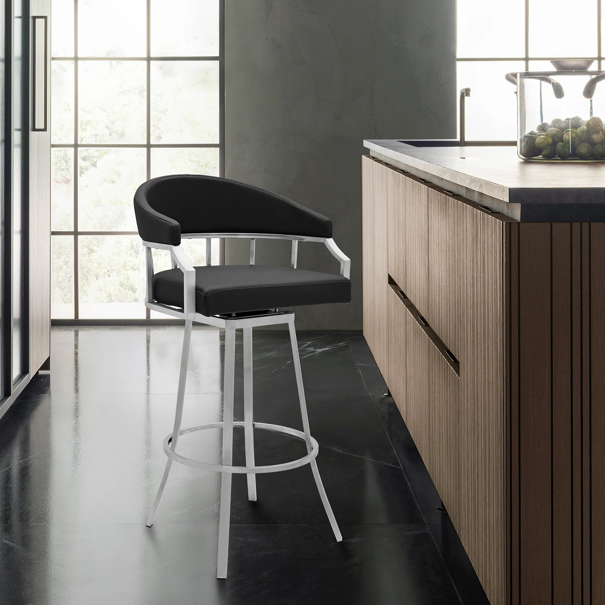 Valerie 30" Bar Height Swivel Modern Black Faux Leather Bar and Counter Stool in Brushed Stainless Steel Finish By Armen Living