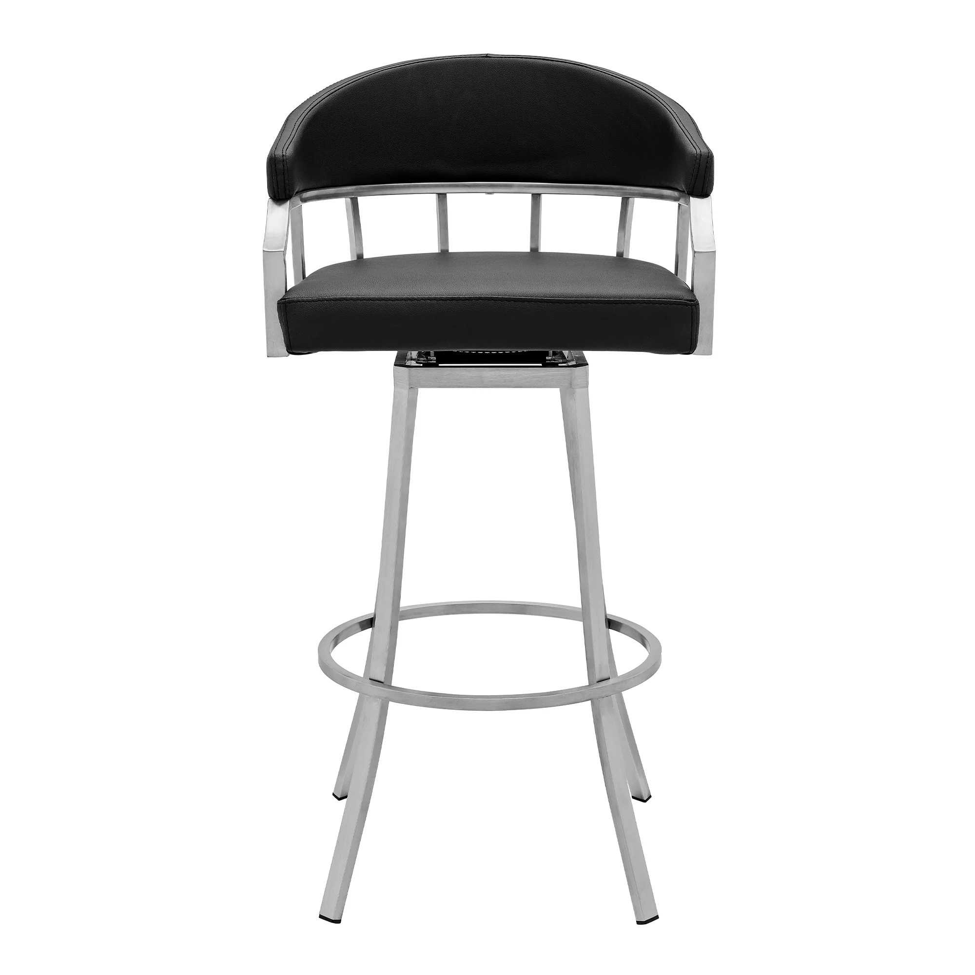 Valerie 30" Bar Height Swivel Modern Black Faux Leather Bar and Counter Stool in Brushed Stainless Steel Finish By Armen Living - Image 3