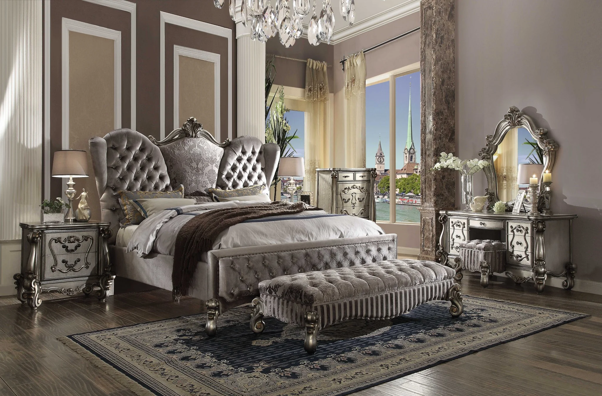 Velvet Antique Platinum Upholstery Poly Resin Eastern King Bed By Homeroots