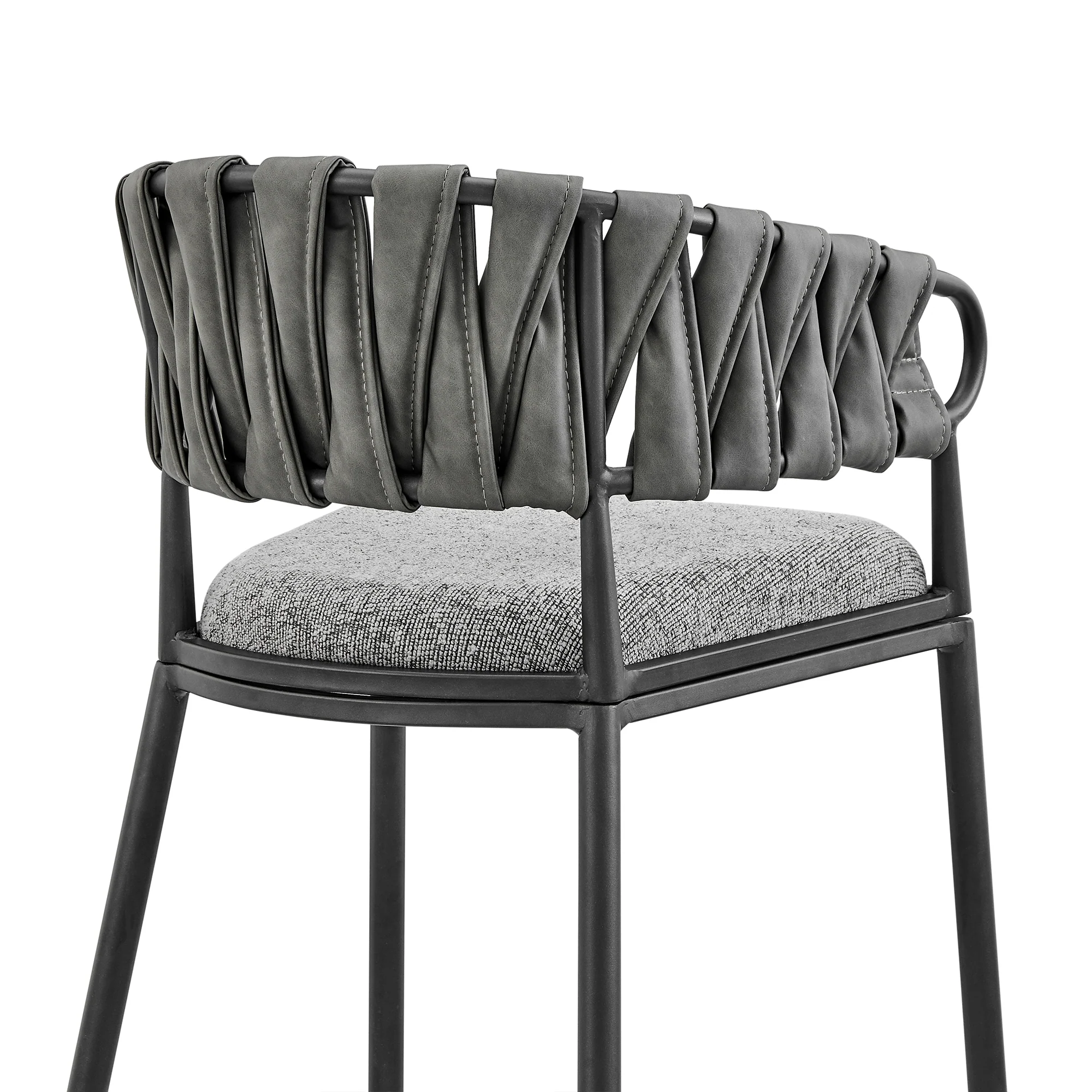 Vigona Bar Stool in Black Metal with Grey Fabric and Faux Leather By Armen Living - Image 10