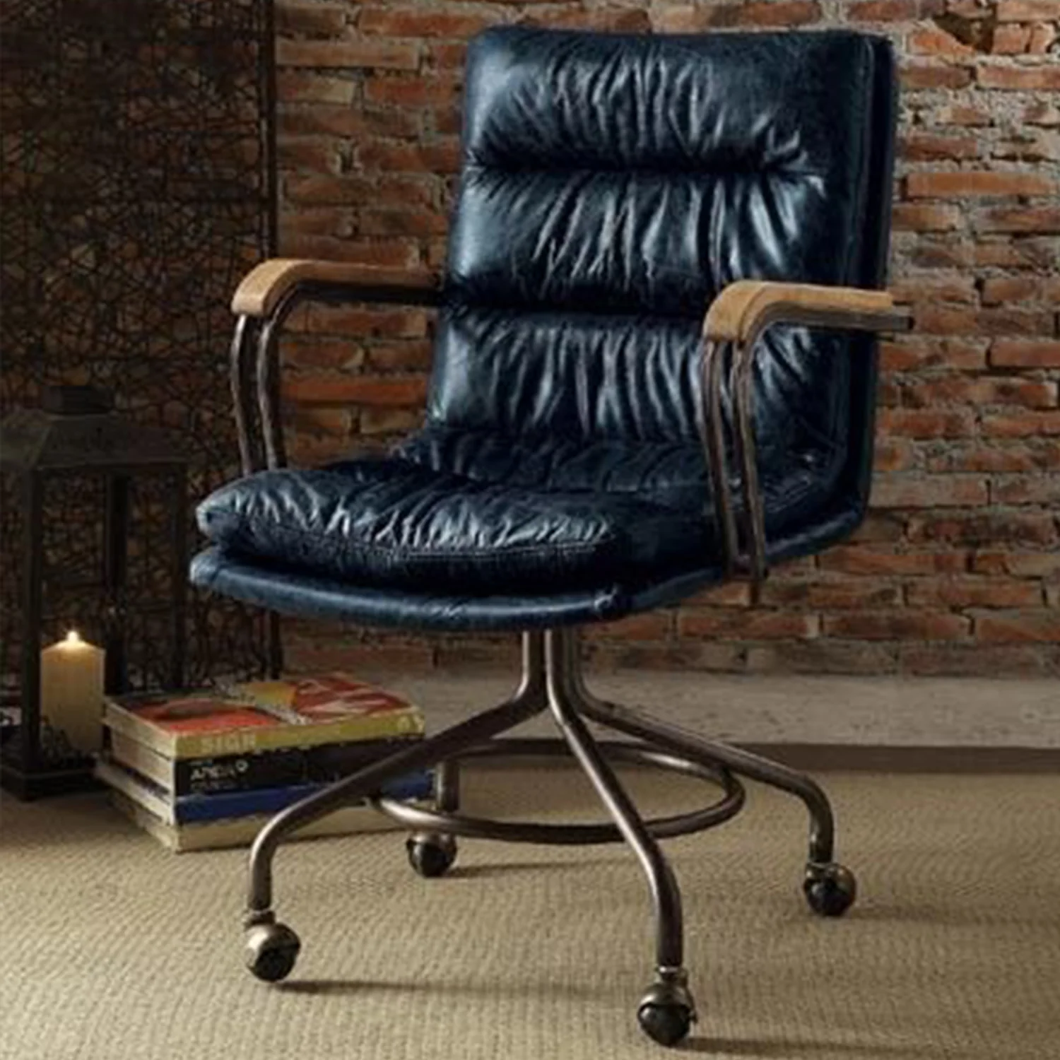Vintage Blue Top Grain Leather Office Chair By Homeroots