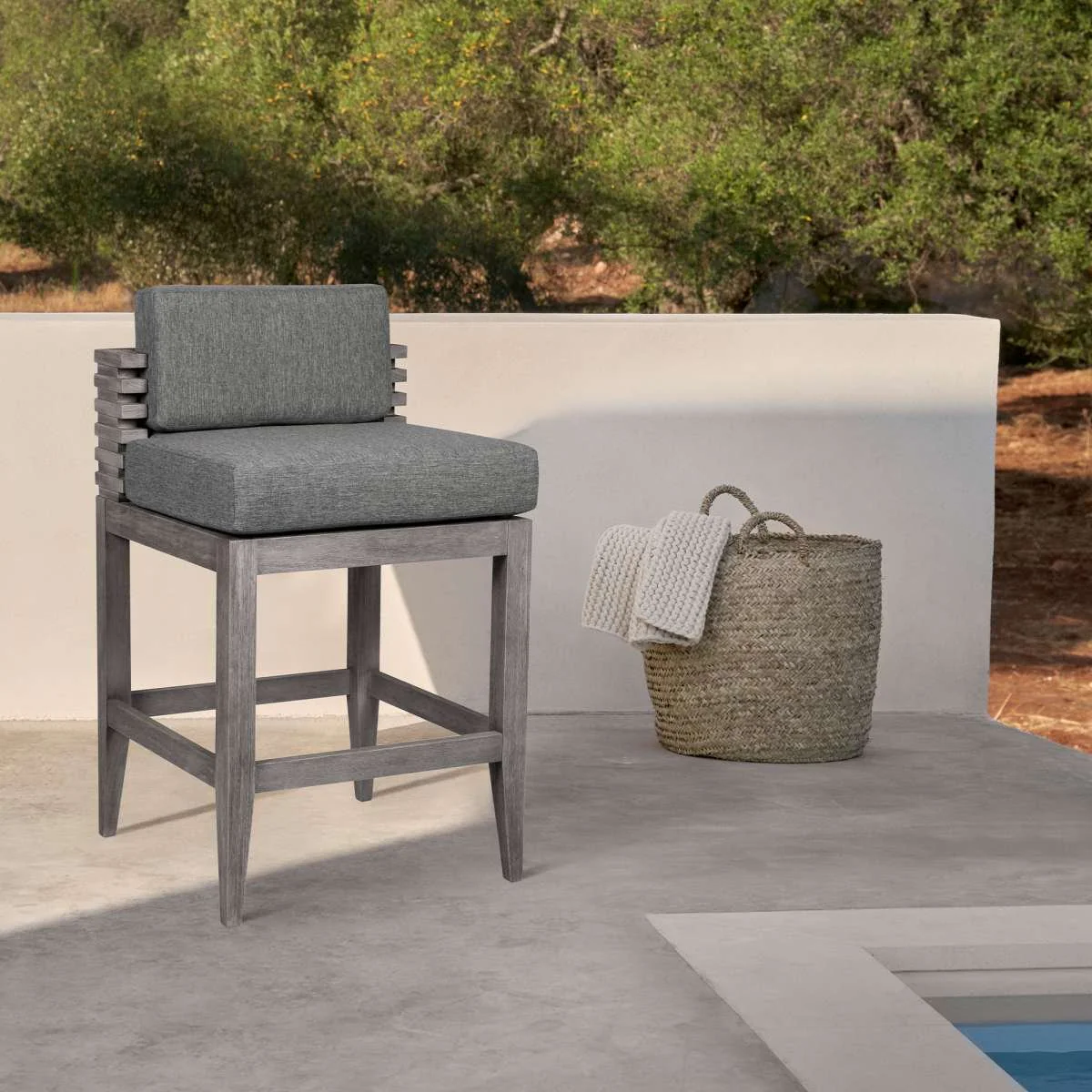 Vivid Outdoor Patio Bar Stool in Gray Eucalyptus Wood with Gray Olefin Cushions By Armen Living