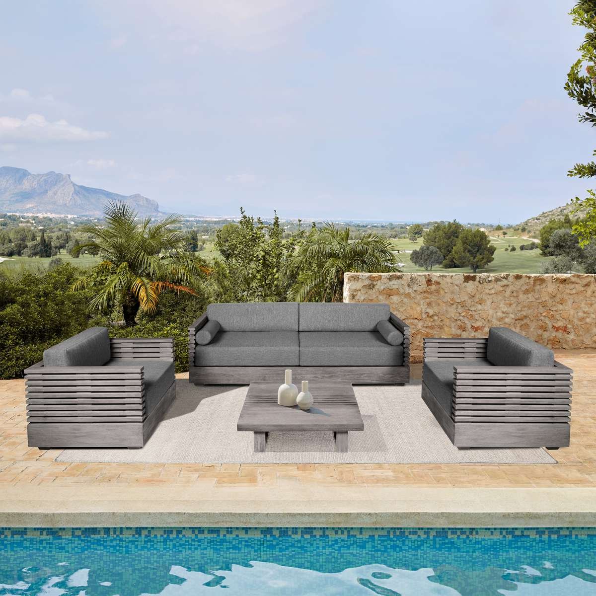 Vivid Outdoor Patio Sofa in Gray Eucalyptus Wood with Gray Olefin Cushions By Armen Living - Image 2