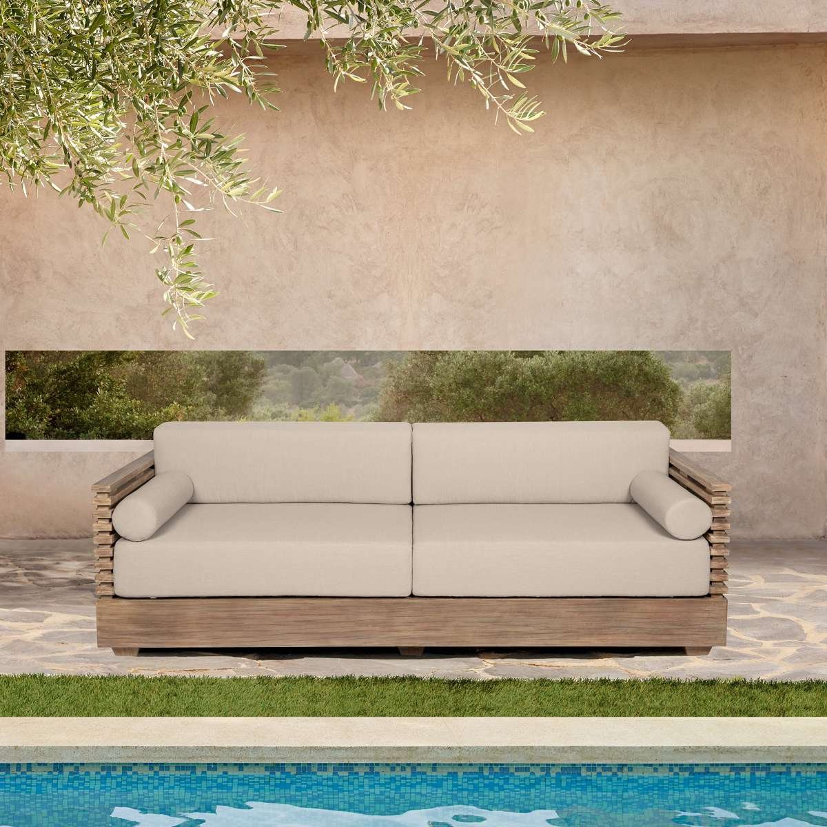 Vivid Outdoor Patio Sofa in Light Eucalyptus Wood with Taupe Olefin Cushions By Armen Living