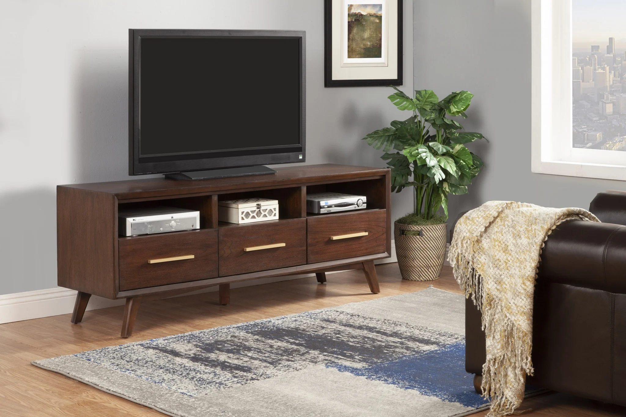 Walnut and Gold Mid Century Modern TV Console By Homeroots