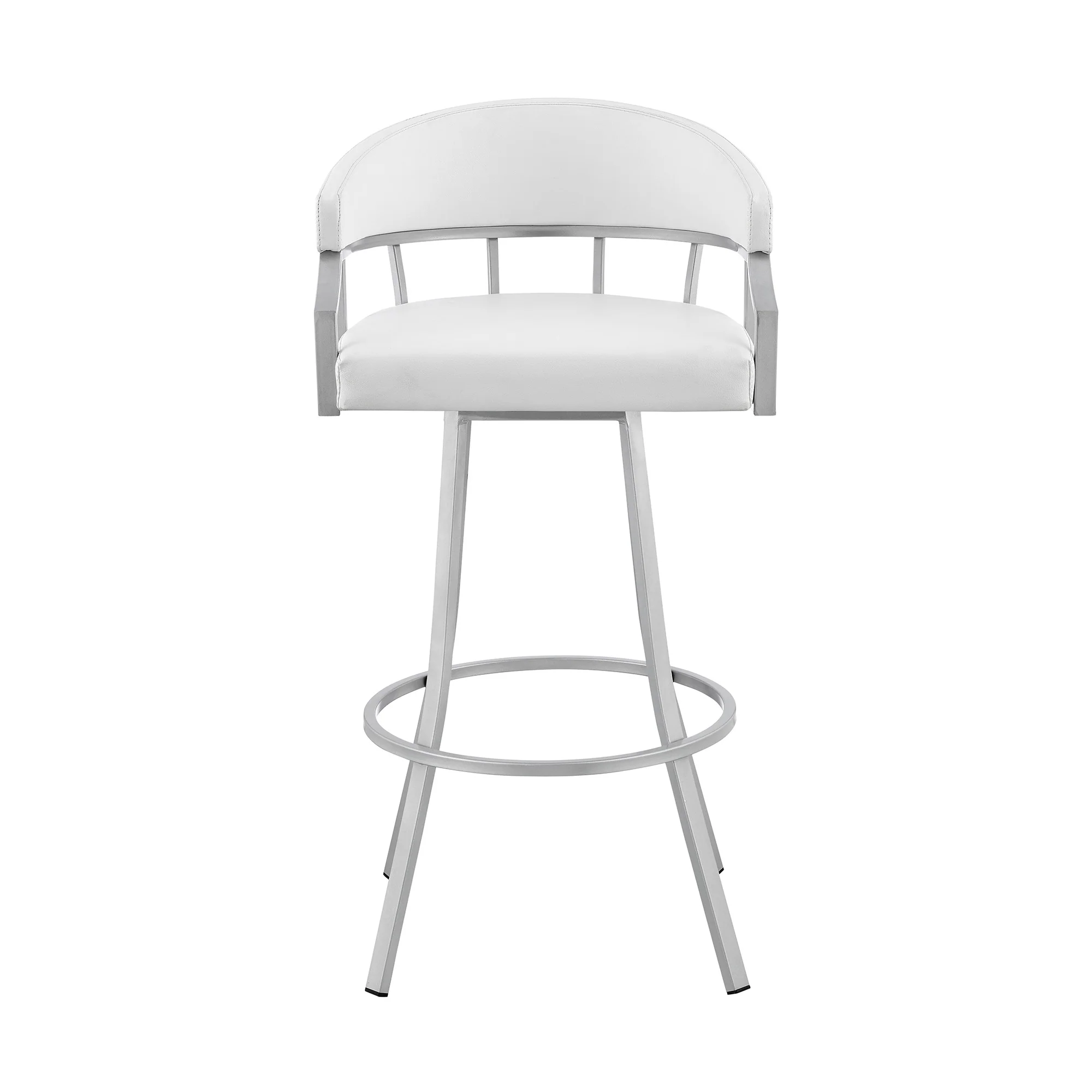 White And Silver Faux Leather And Iron Swivel Low Back Bar Height Bar Chair By Homeroots - Image 7