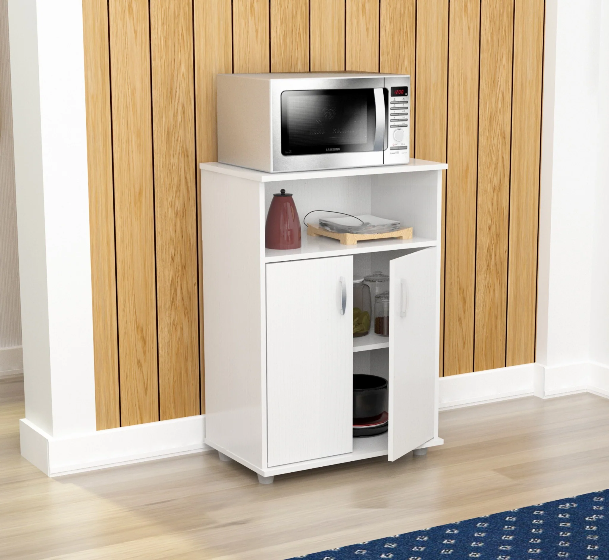 White Finish Wood Microwave Cart With Cabinet By Homeroots