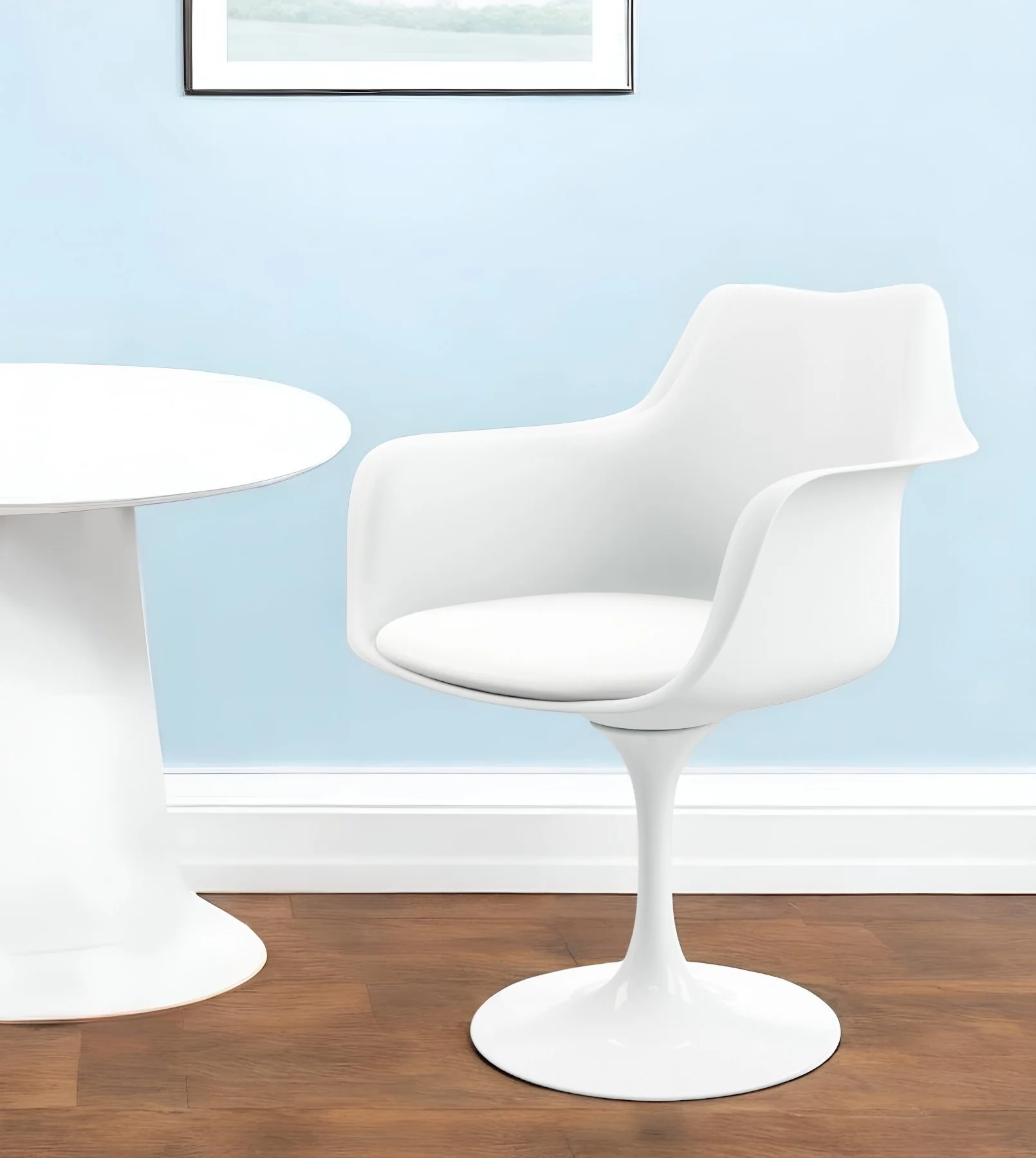 White Heavy Duty Plastic Swivel Dining Arm Chair With Faux Leather Cushion By Homeroots