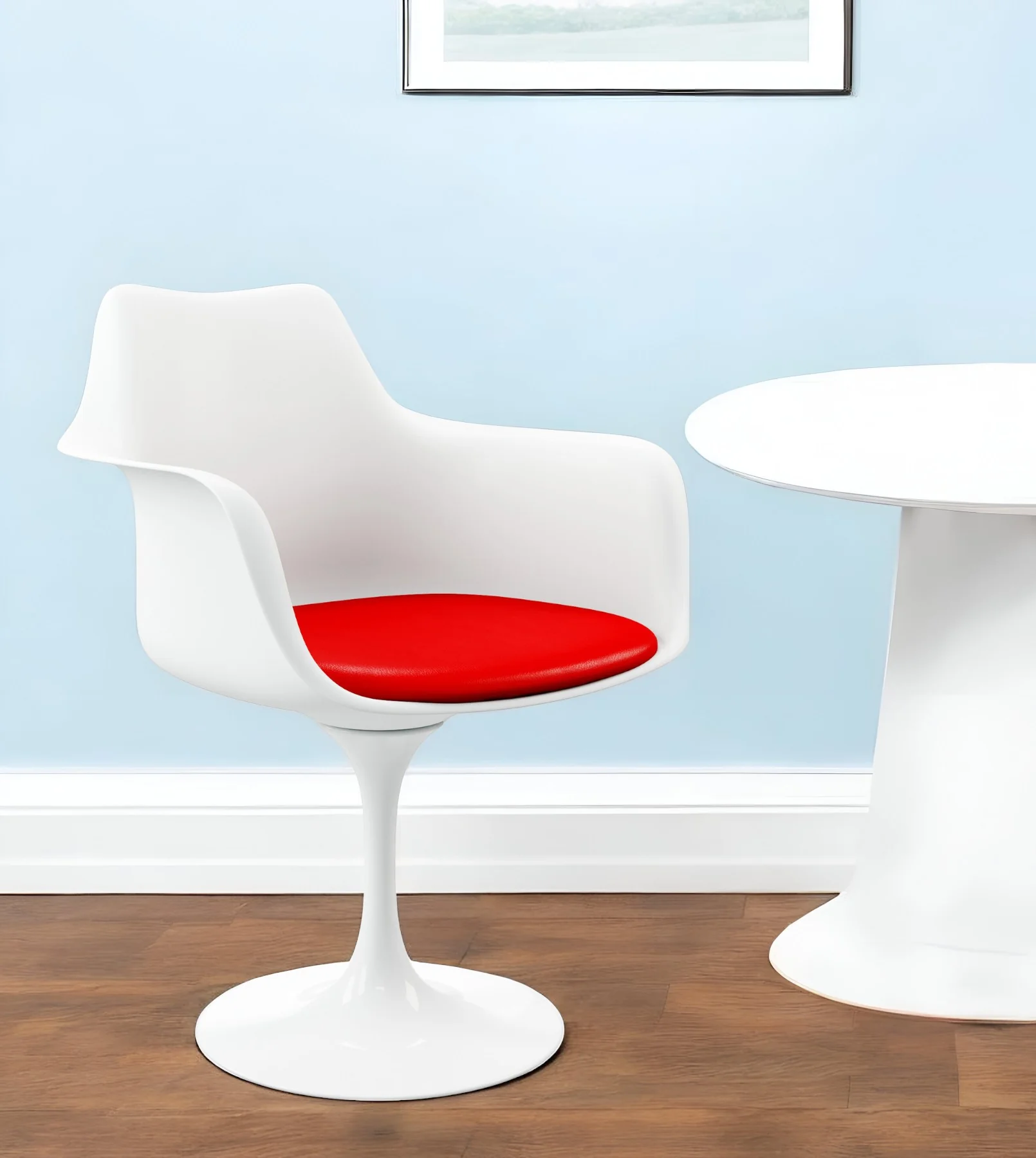 White Heavy Duty Plastic Swivel Dining Arm Chair With Red Faux Leather Cushion By Homeroots