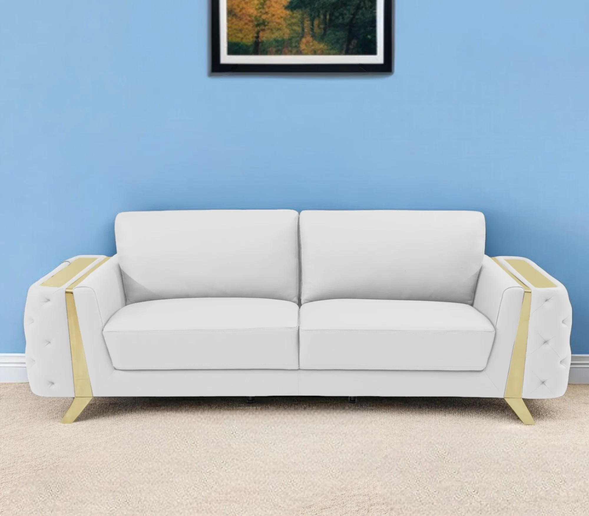 White Italian Leather Sofa With Gold Legs By Homeroots