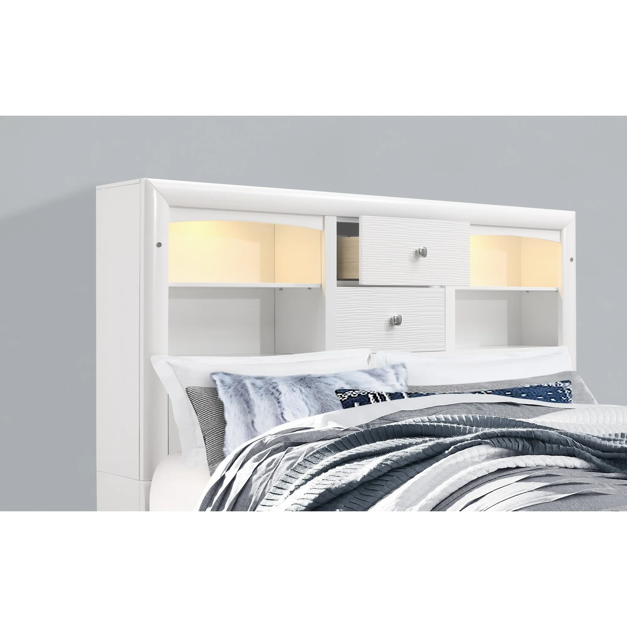 White Rubberwood Full Bed With Bookshelves Headboard Led Lightning 6 Drawers By Homeroots - Image 5