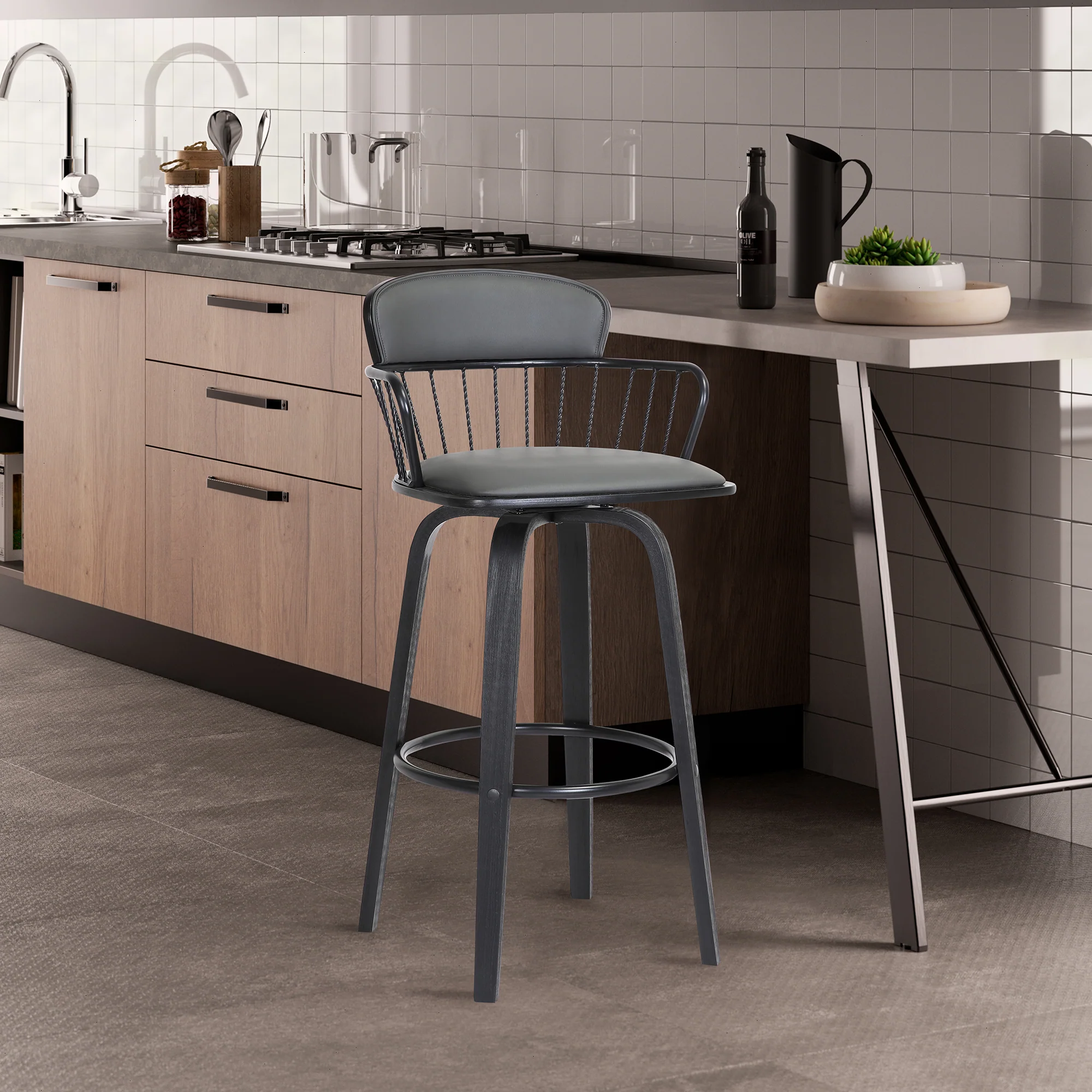 Willow 25.5" Swivel Black Wood Counter Stool in Grey Faux Leather with Black Metal By Armen Living