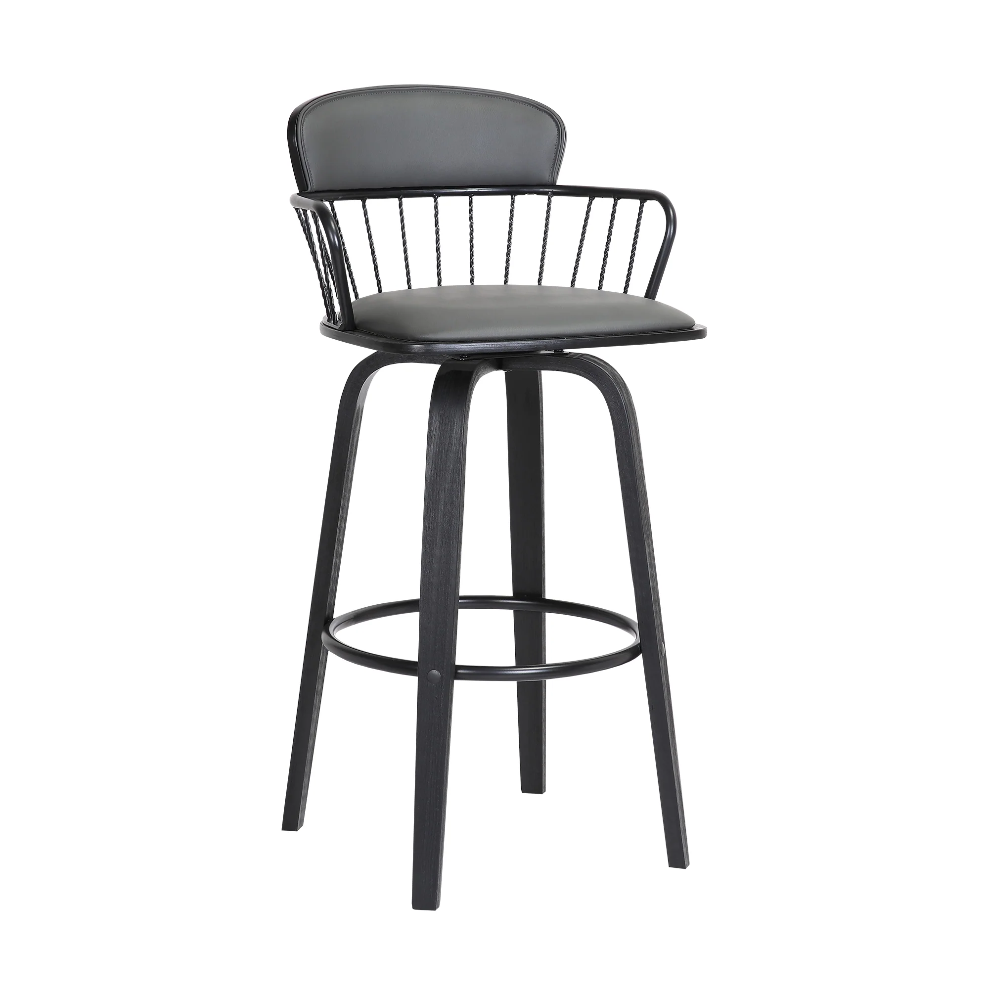 Willow 30" Swivel Black Wood Bar Stool in Grey Faux Leather with Black Metal By Armen Living - Image 2