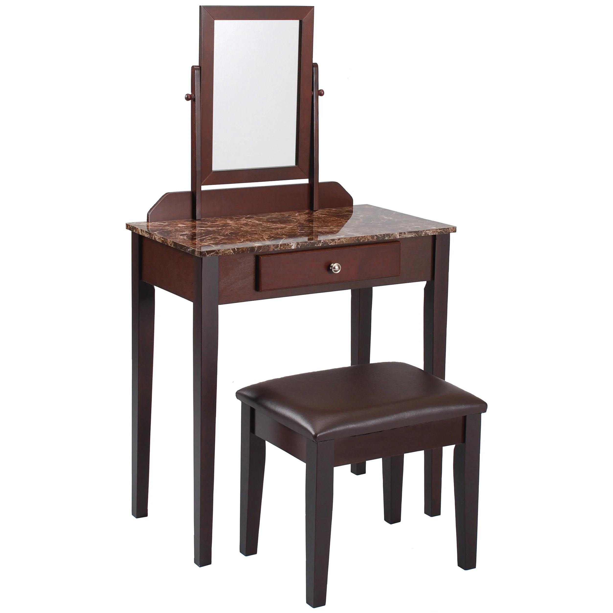 Wood and Faux Leather Vanity Set with Faux Marble Top, Brown By Benzara