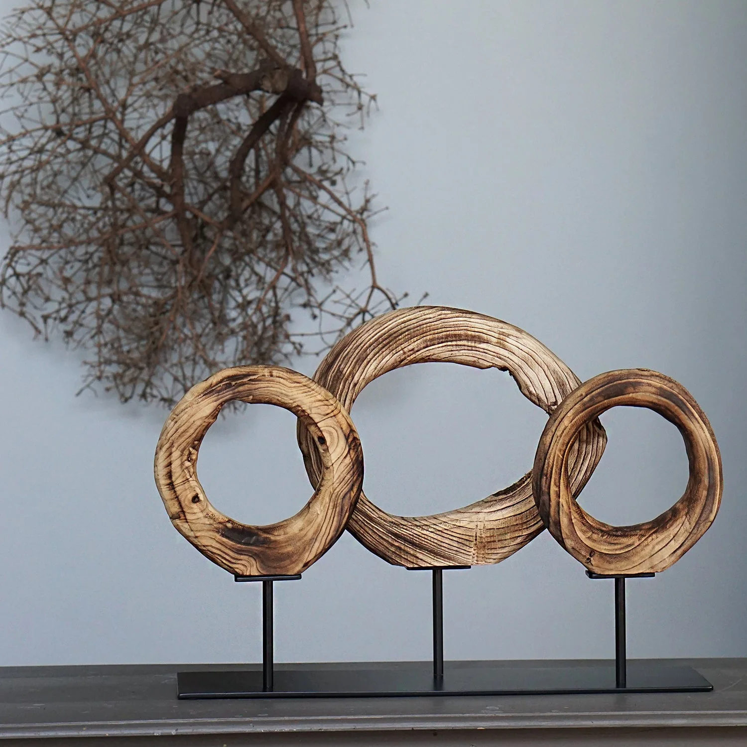Wood Ring Sculpture x3 on Stand By Gold Leaf