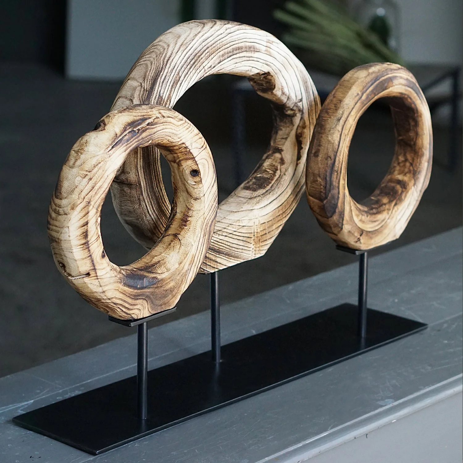 Wood Ring Sculpture x3 on Stand By Gold Leaf - Image 2