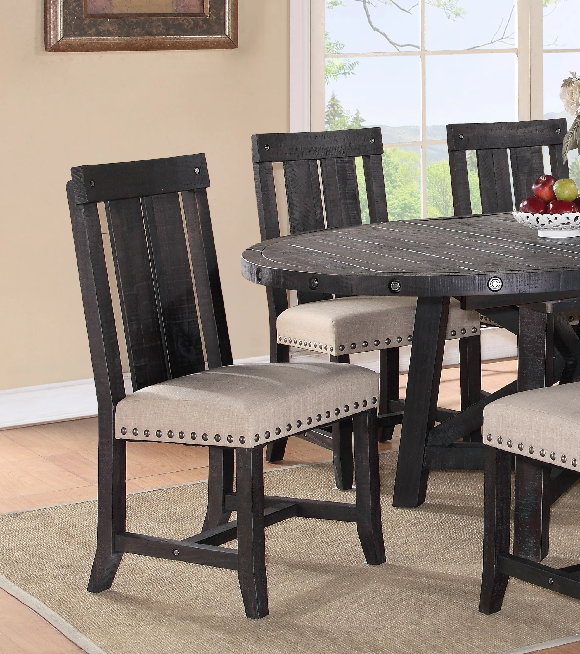 Wooden Chair with Fabric Upholstered Seat and Slat Style Back, Set of 2, Black and Beige By Benzara