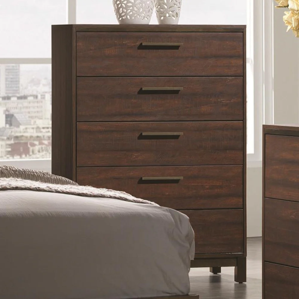 Wooden Chest with Five Drawers and Block Legs Support, Dark Brown By Benzara