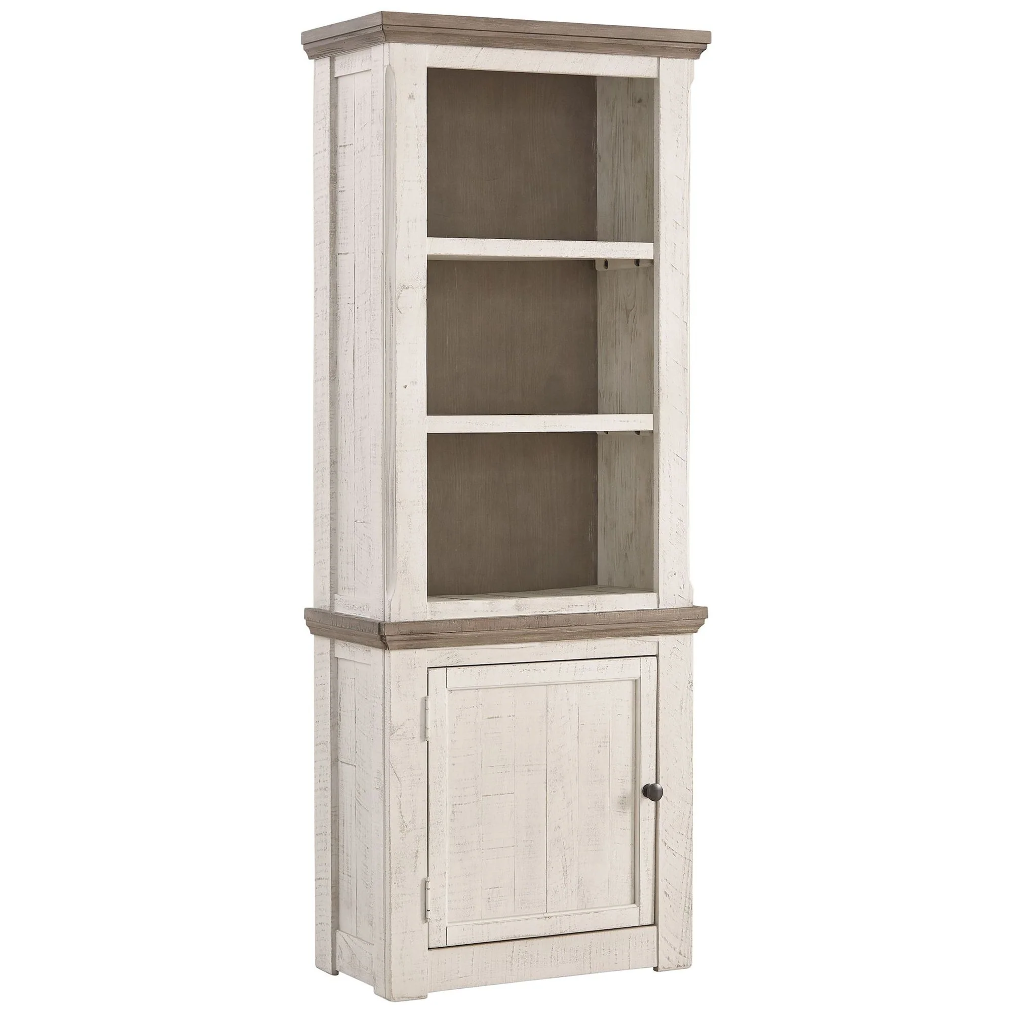 Wooden Left Pier Cabinet with 1 Door and 2 Shelves, Antique White and Brown By Benzara