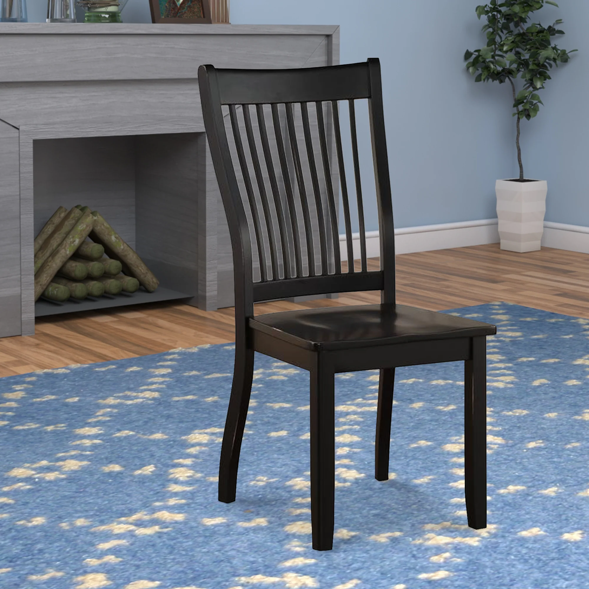 Wooden Side Chair with Slatted Backrest, Set of 2, Black By Benzara
