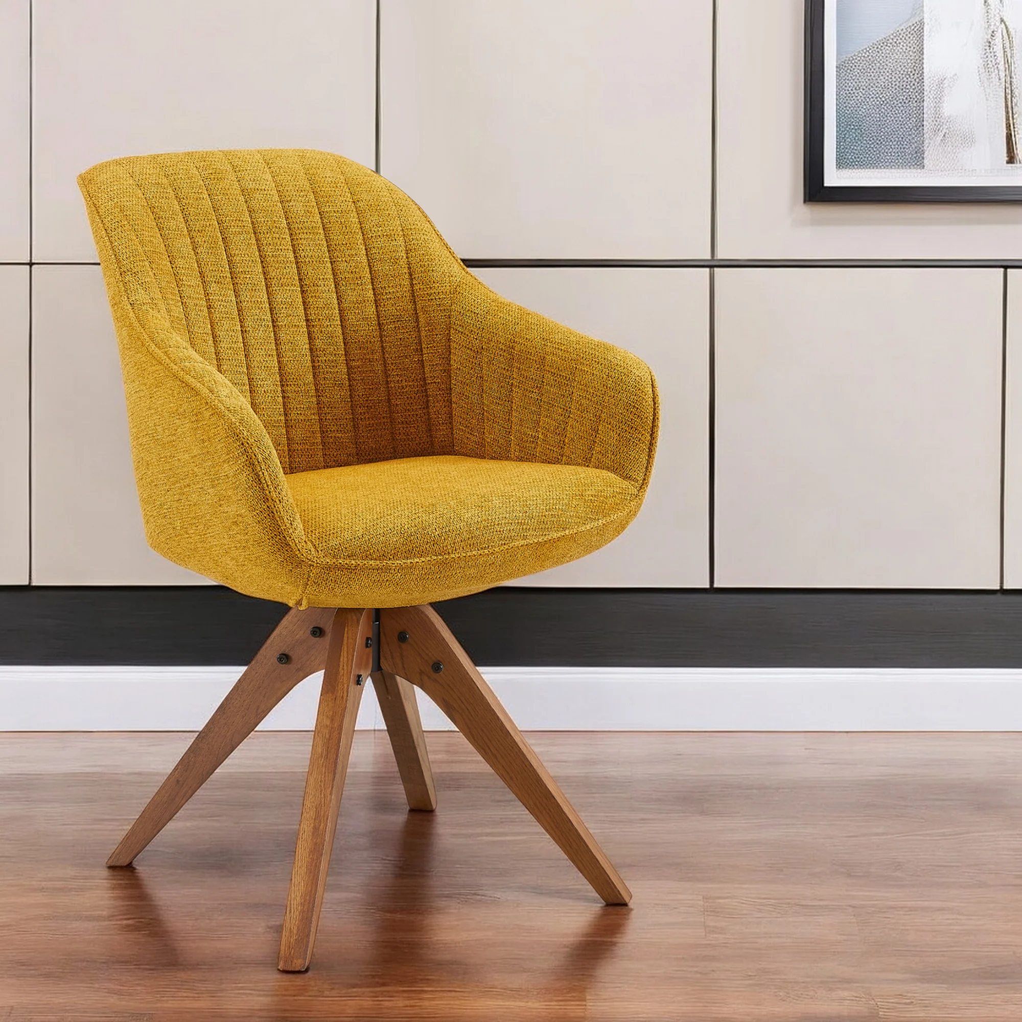 Yellow And Natural Fabric And Wood Swivel Arm Chair By Homeroots