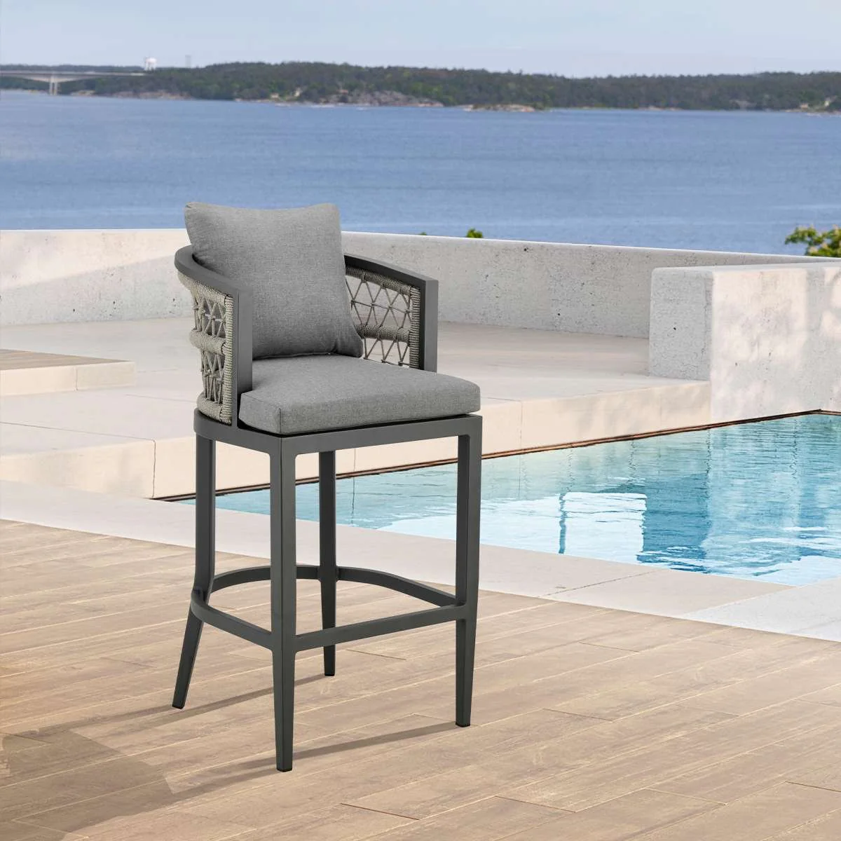 Zella Outdoor Patio Bar Stool in Aluminum with Light Gray Rope and Earl Gray Cushions By Armen Living
