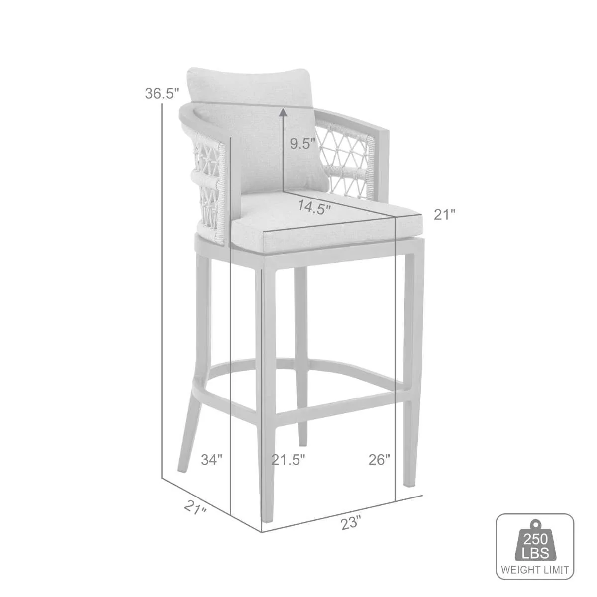 Zella Outdoor Patio Counter Stool in Aluminum with Light Gray Rope and Earl Gray Cushions By Armen Living - Image 7