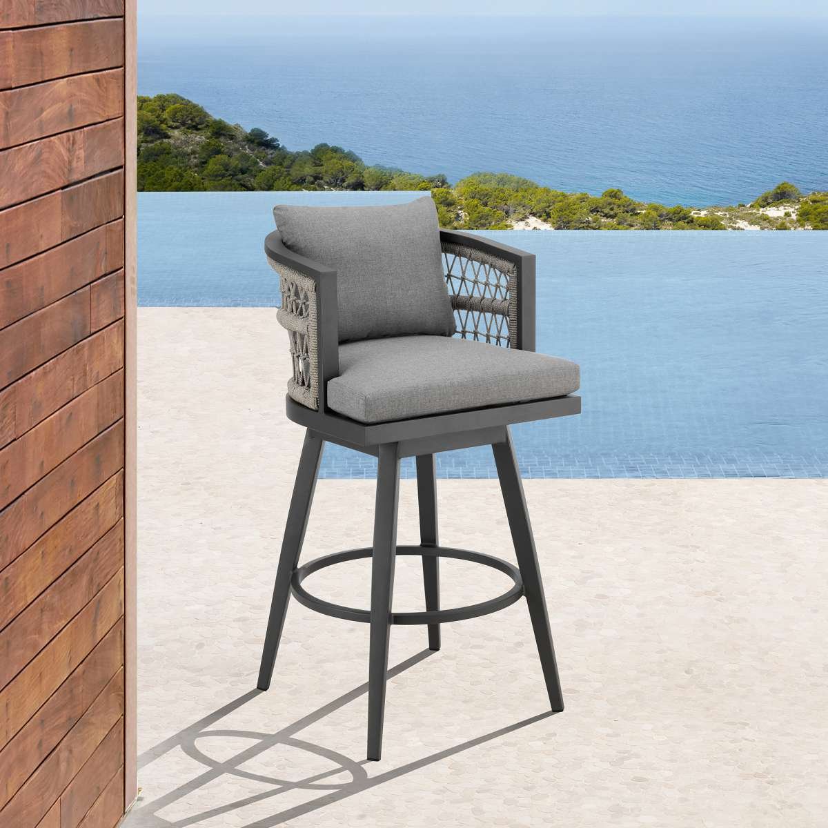 Zella Outdoor Patio Swivel Counter Stool in Aluminum with Light Gray Rope and Earl Gray Cushions By Armen Living