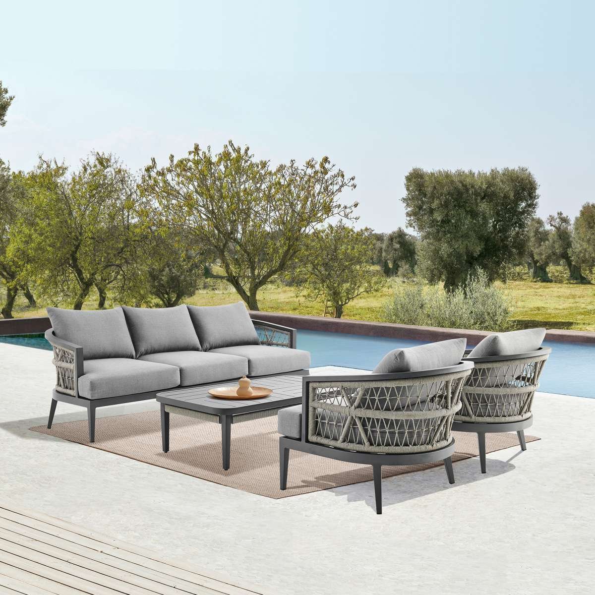 Zella Rectangular Coffee Table in Aluminum with Charcoal Finish and Light Gray Rope By Armen Living - Image 2